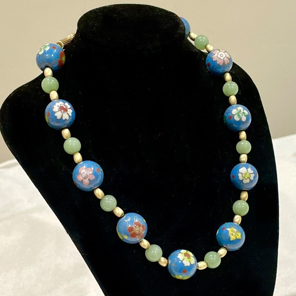 Vintage Chinese Blue Cloisonné Jadeite Sterling Silver Bead Necklace Enamel - Picture 2 of 11